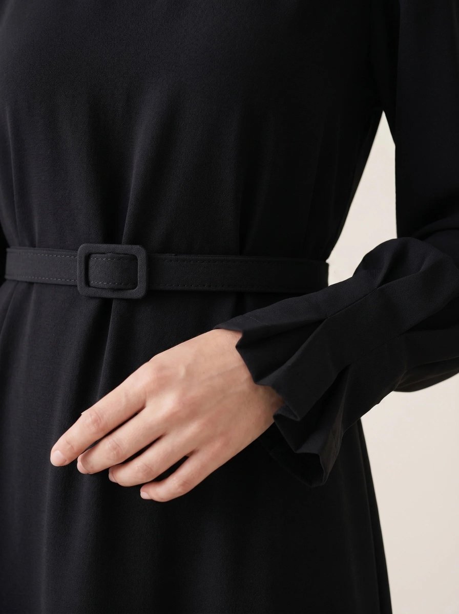 Pleated Detail Sleeve Zippered Cuff Belted Mandarin Collar Flared Oversize 4 Seasons Dress 9614 - 26 - Black - ihvan