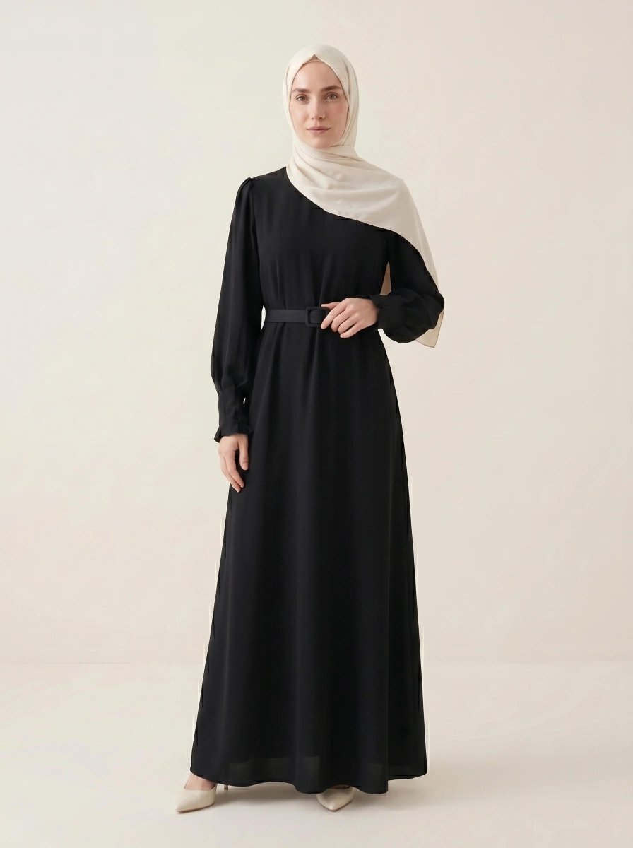 Pleated Detail Sleeve Zippered Cuff Belted Mandarin Collar Flared Oversize 4 Seasons Dress 9614 - 26 - Black - ihvan