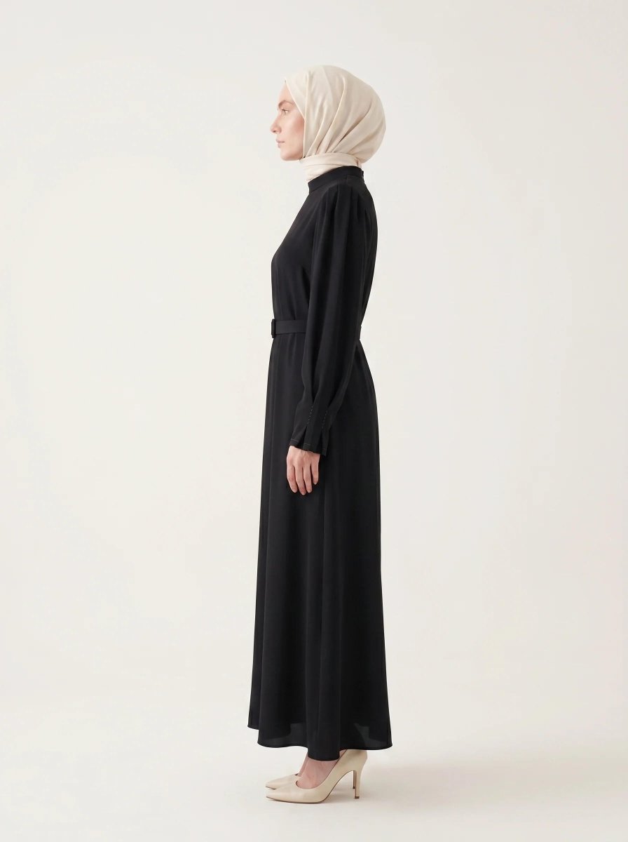 Pleated Detail Sleeve Zippered Cuff Belted Mandarin Collar Flared Oversize 4 Seasons Dress 9614 - 26 - Black - ihvan