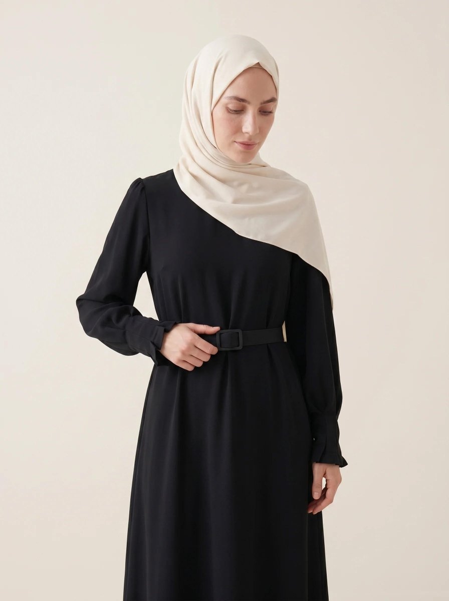 Pleated Detail Sleeve Zippered Cuff Belted Mandarin Collar Flared Oversize 4 Seasons Dress 9614 - 26 - Black - ihvan