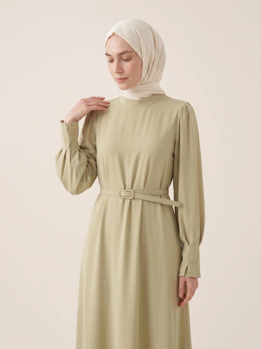 Pleated Detail Sleeve Zippered Cuff Belted Mandarin Collar Flared Oversize 4 Seasons Dress 9614 - 26 - Light Green - ihvan