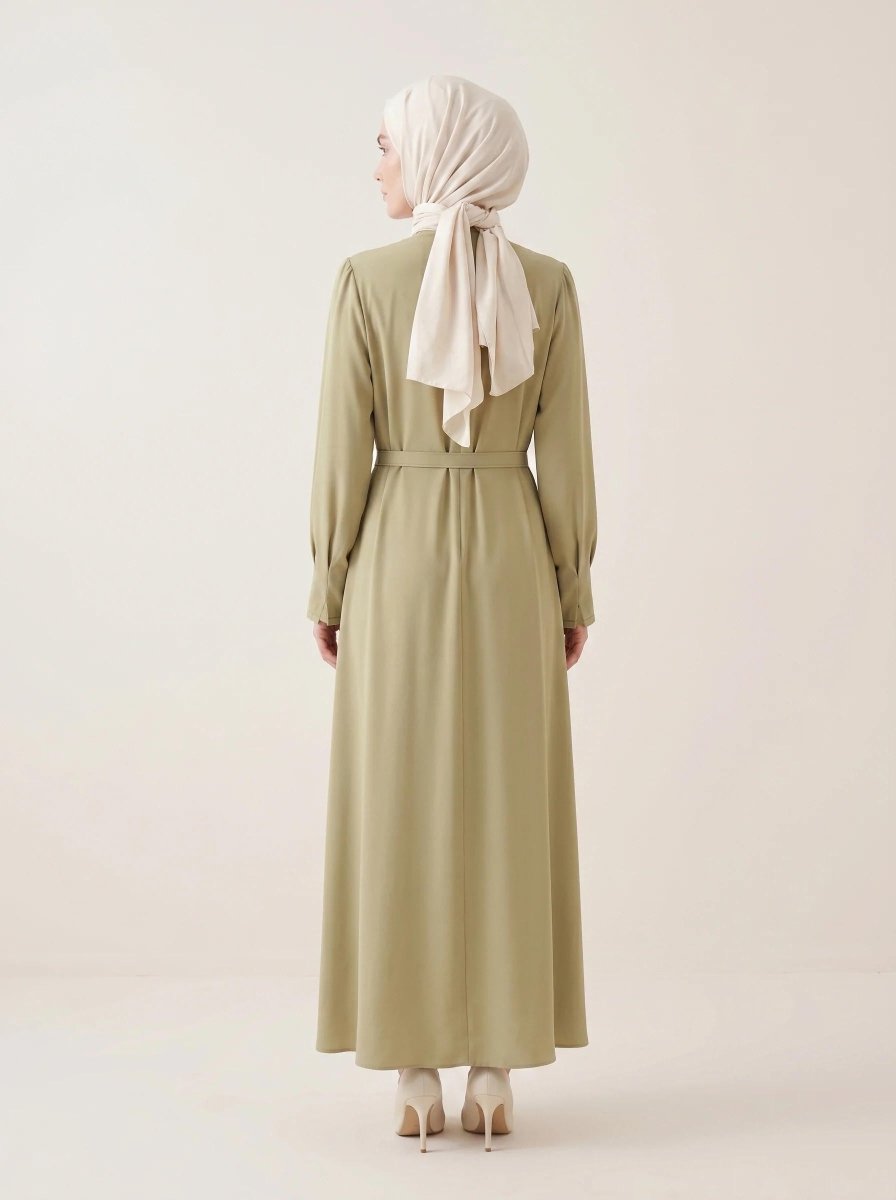 Pleated Detail Sleeve Zippered Cuff Belted Mandarin Collar Flared Oversize 4 Seasons Dress 9614 - 26 - Light Green - ihvan