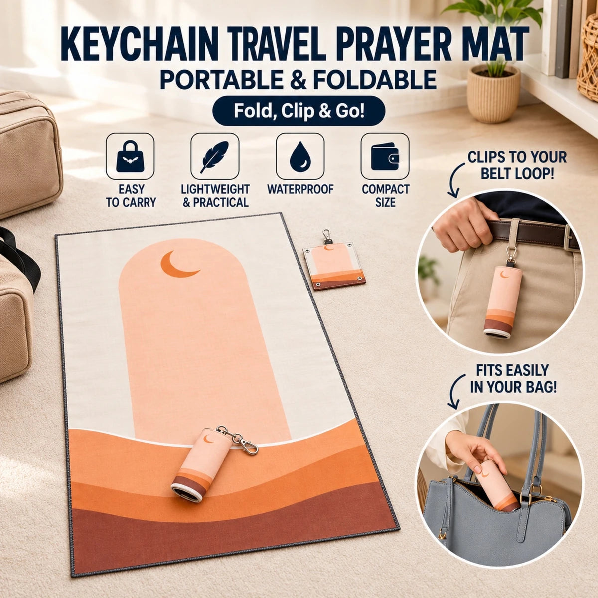 Portable Foldable Travel Prayer Mat with Keychain – Water-Resistant Pocket Sajdah Mat - ihvan