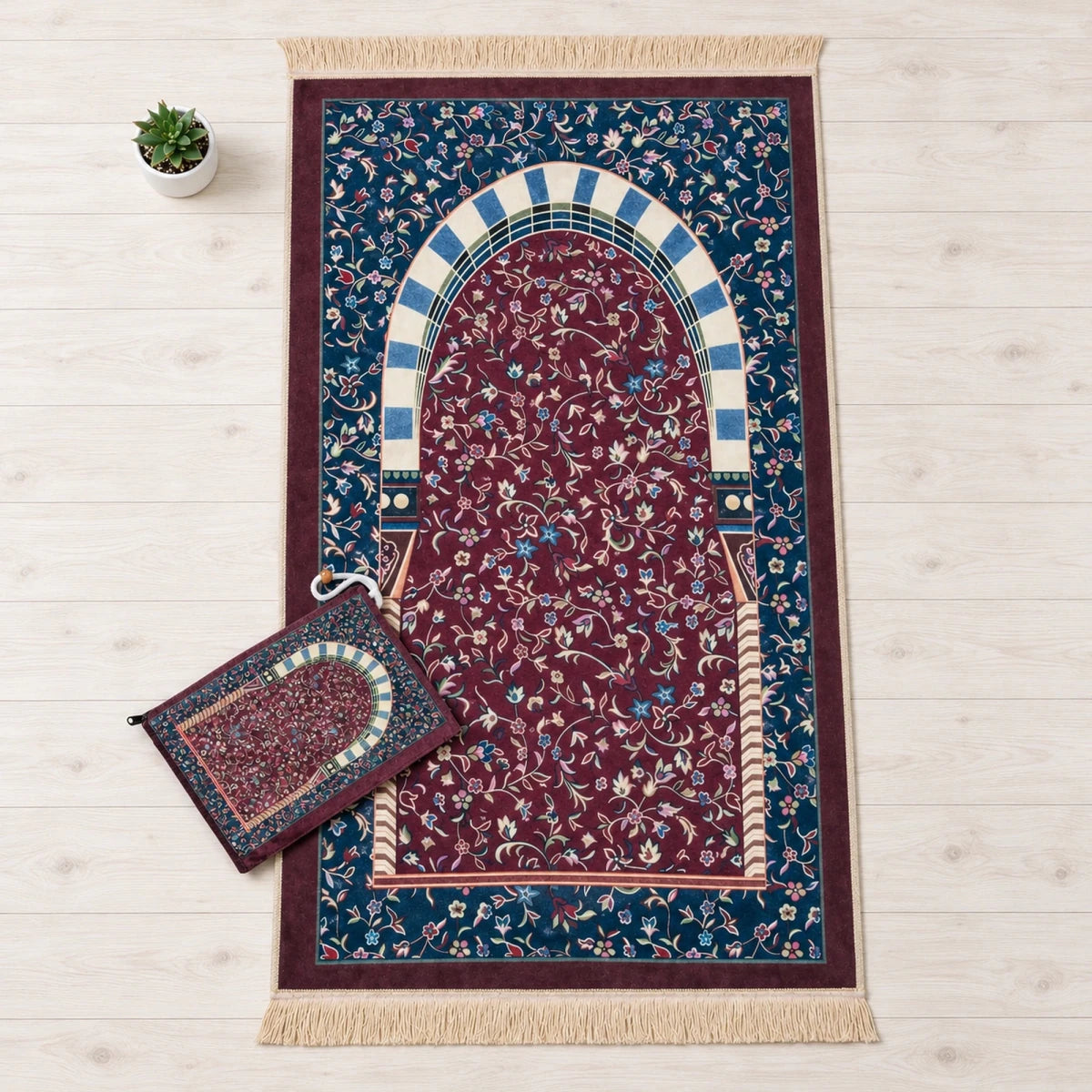 Portable Rawdah Patterned Velvet Prayer Mat with Carry Bag - ihvan