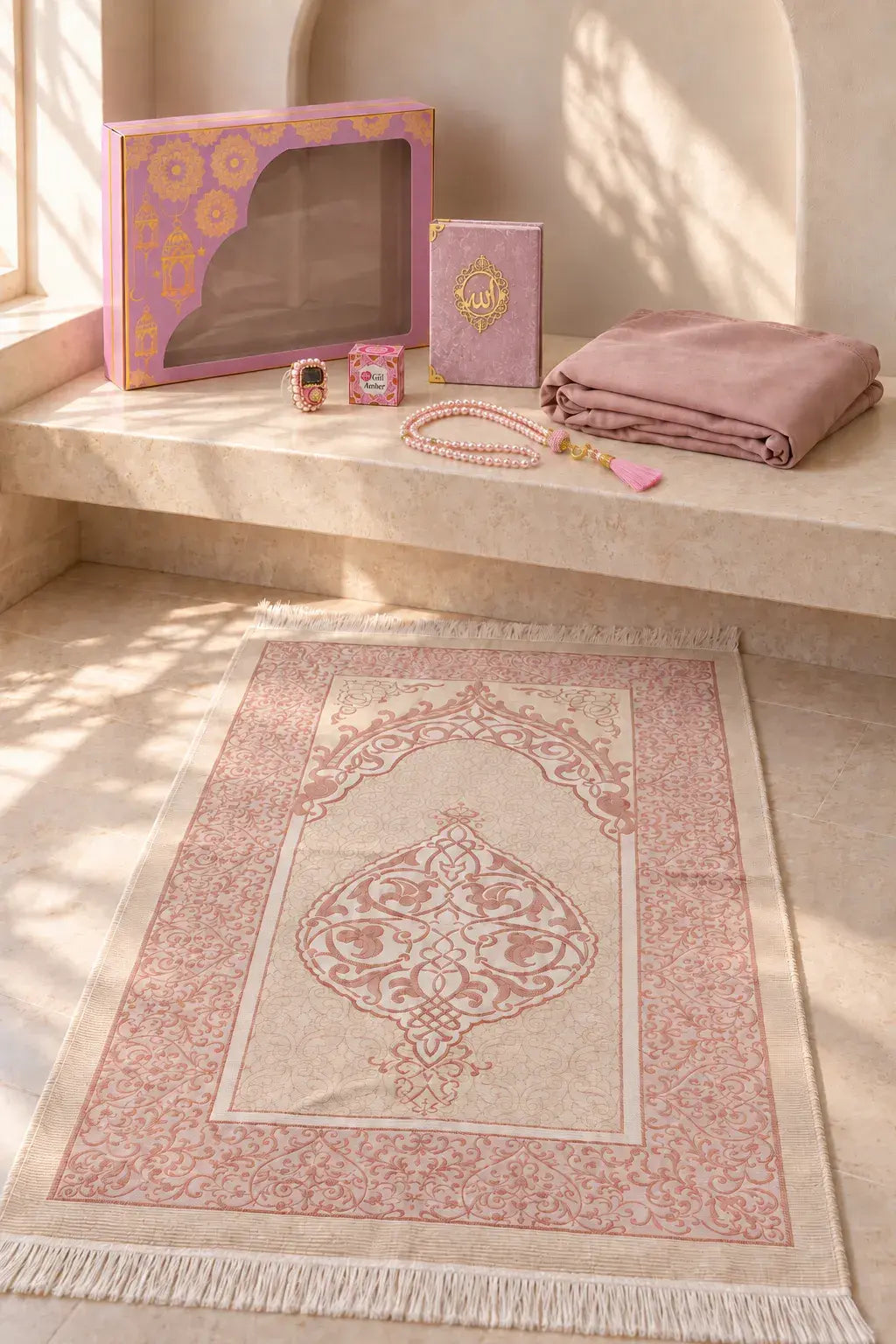 One-Piece Prayer Dress with Attached Hijab & Prayer Mat Gift Set