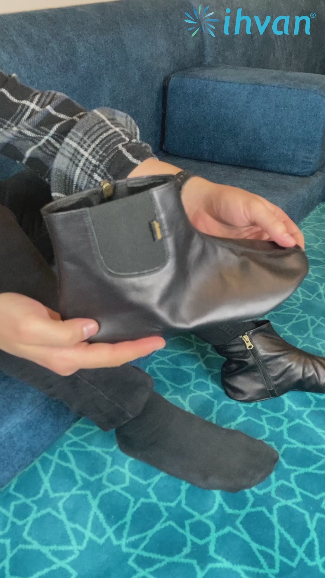 Black Leather Handmade Prayer Socks | Thermal Khuffain for Masah, Ablution & Mosque Use - Ihvan