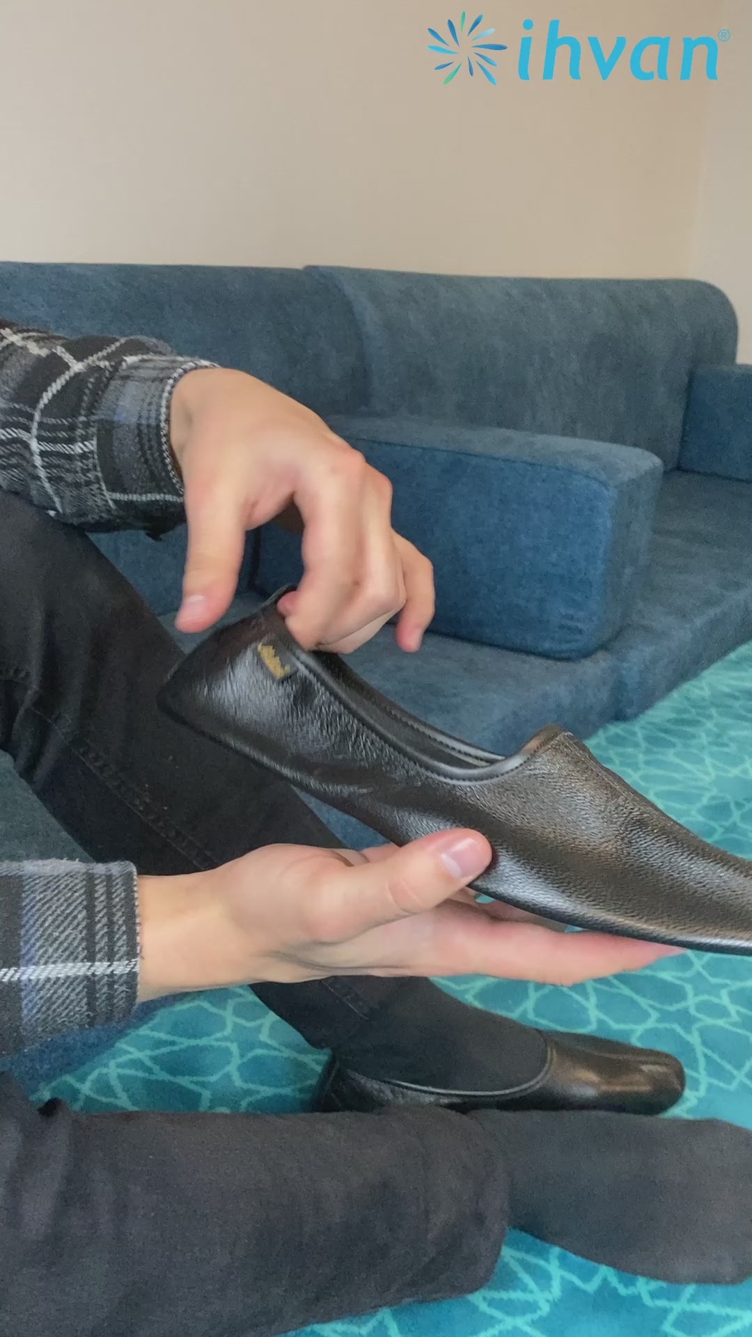 Black Genuine Leather Handmade Tawaf Shoes for Women | Muslim Khuffain Socks for Salah, Hajj, Umrah & Home Use - Ihvan