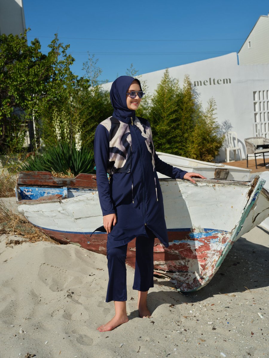 Rivella Crop Style Plus Size Modest Swimsuit 26405 - 26 Navy Blue - ihvan