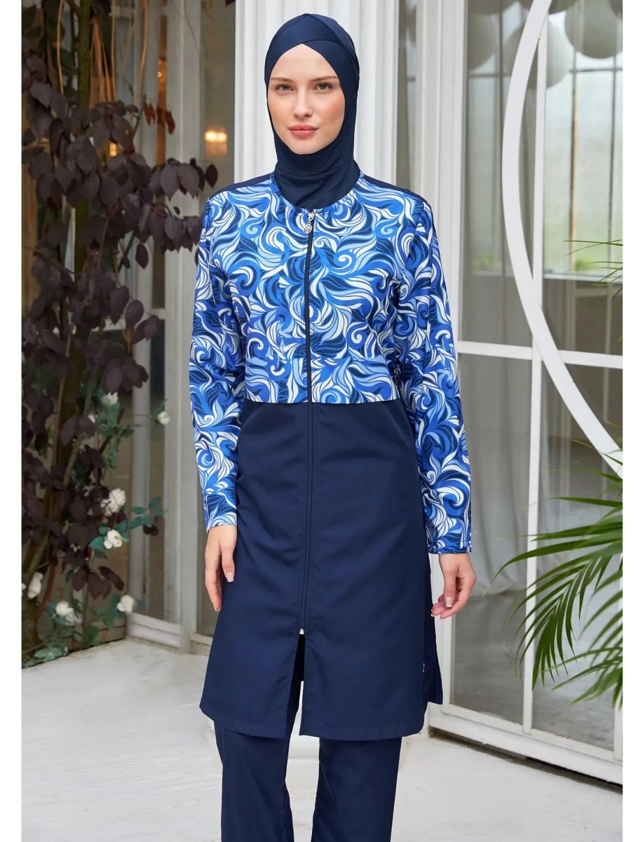 Rozamay Patterned Full Coverage Hijab Swimsuit - Navy Blue - 3502 - 25 - ihvan