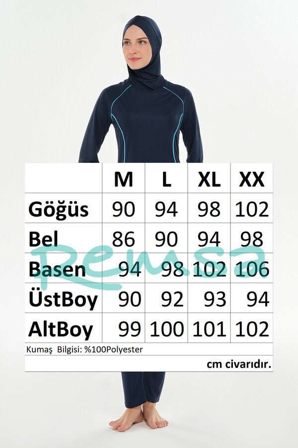 Rozamay Raglan Sleeve Lycra Full-Covered Burkini 3130-25 Dark Navy Blue - ihvan