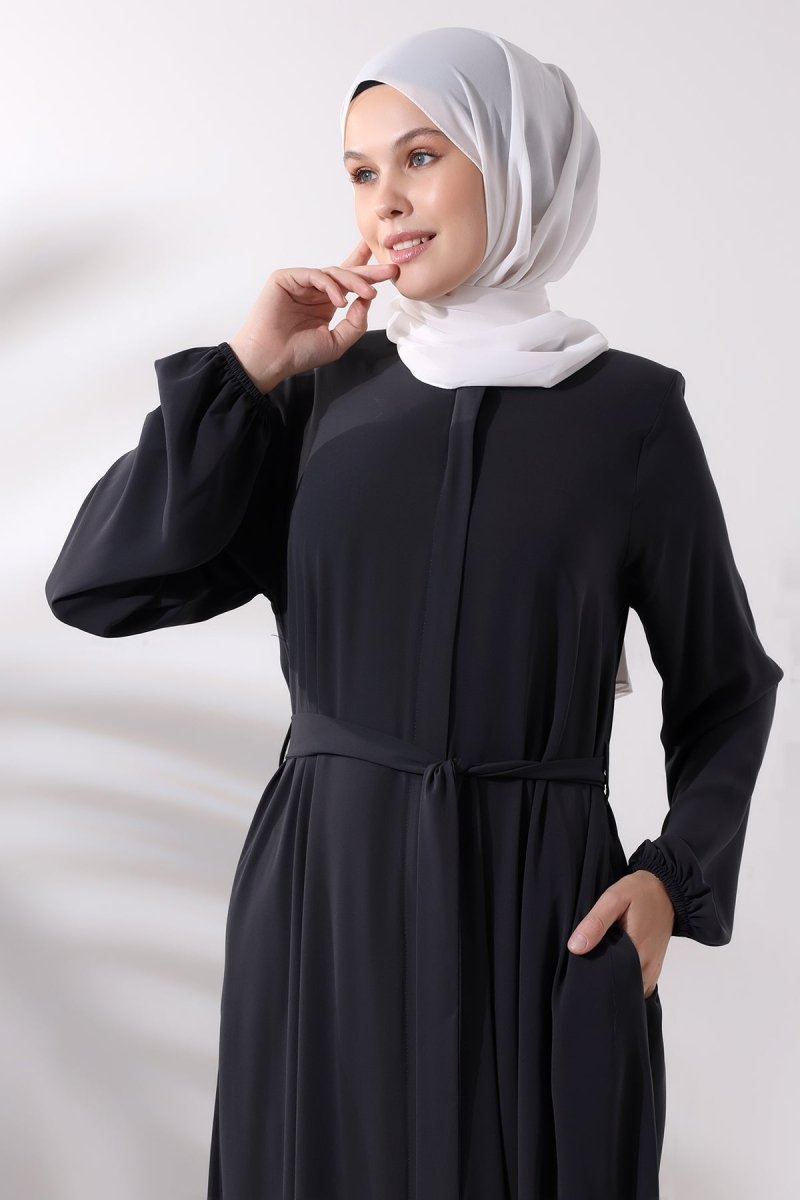 Smoked Medina Silk Abaya with Elasticated Cuffs, Hidden Zipper, and Belted Waist. - ihvan
