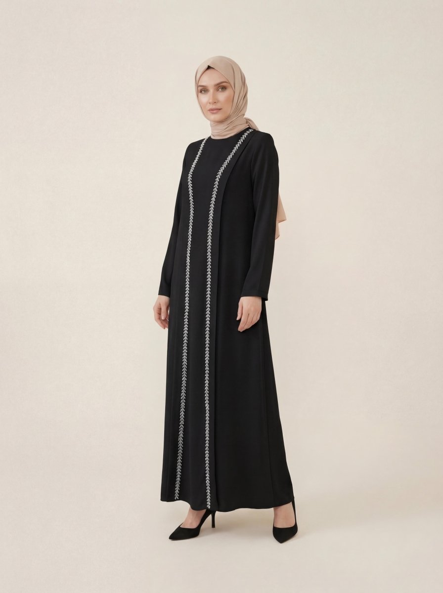 Stone Embellished Front Detail Crew Neck Long Sleeved Hijab Dress 9616 - 26 - Black - ihvan