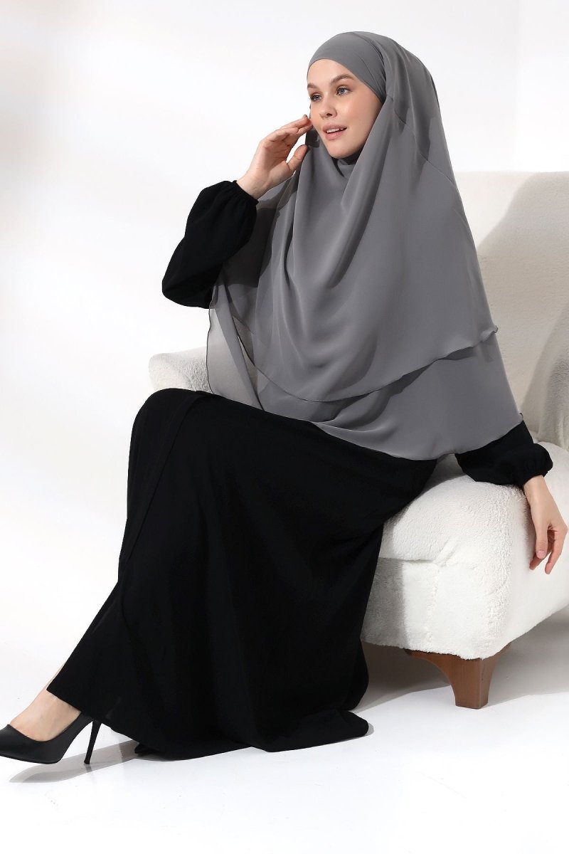 Three - Layered Niqab - Style Chiffon Hijab – Short Modest Scarf with Sufle Detail - ihvan