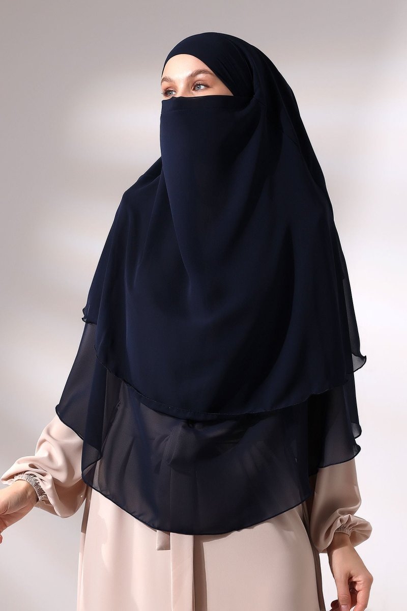 Three - Layered Niqab - Style Chiffon Hijab – Short Modest Scarf with Sufle Detail - ihvan