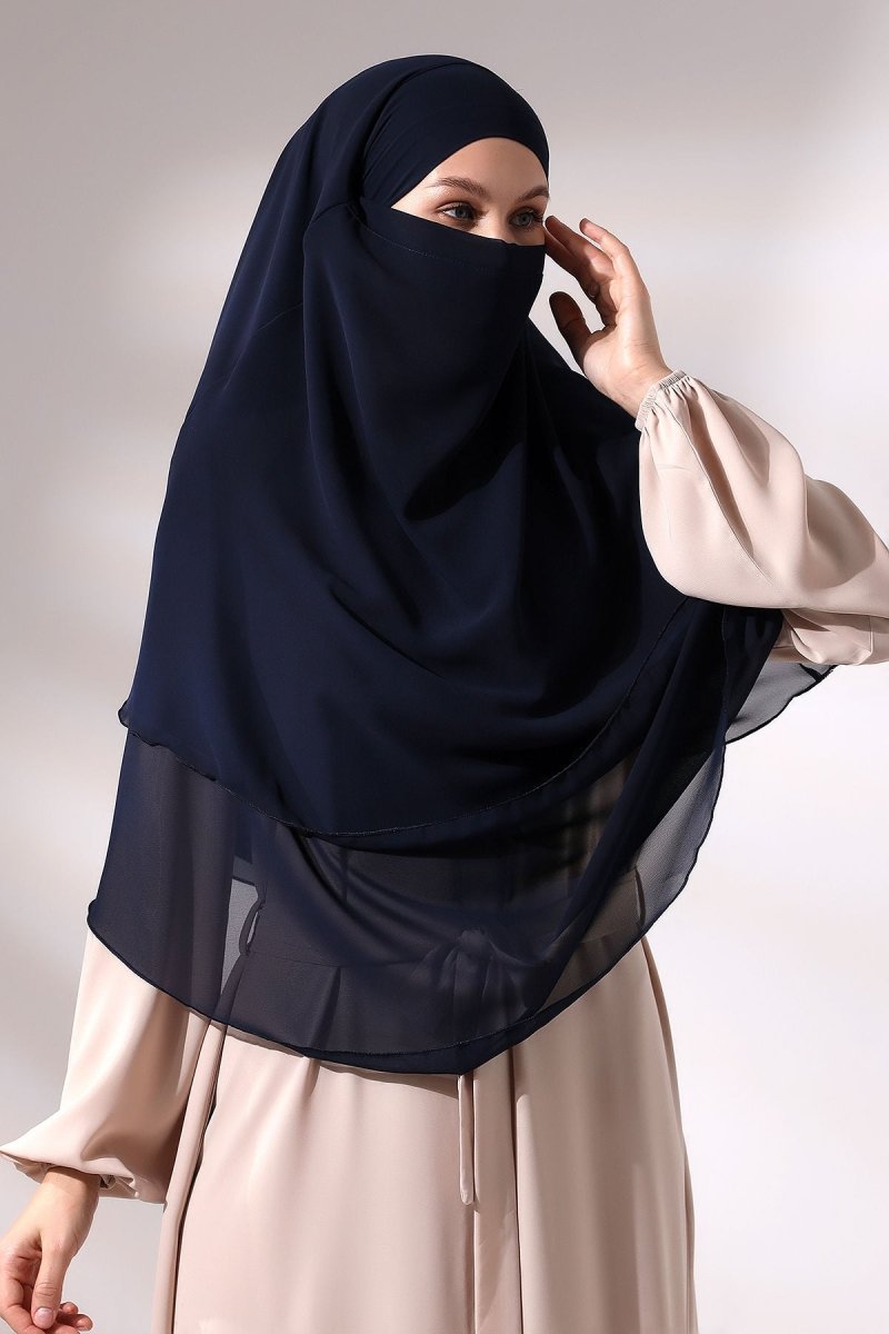 Three - Layered Niqab - Style Chiffon Hijab – Short Modest Scarf with Sufle Detail - ihvan
