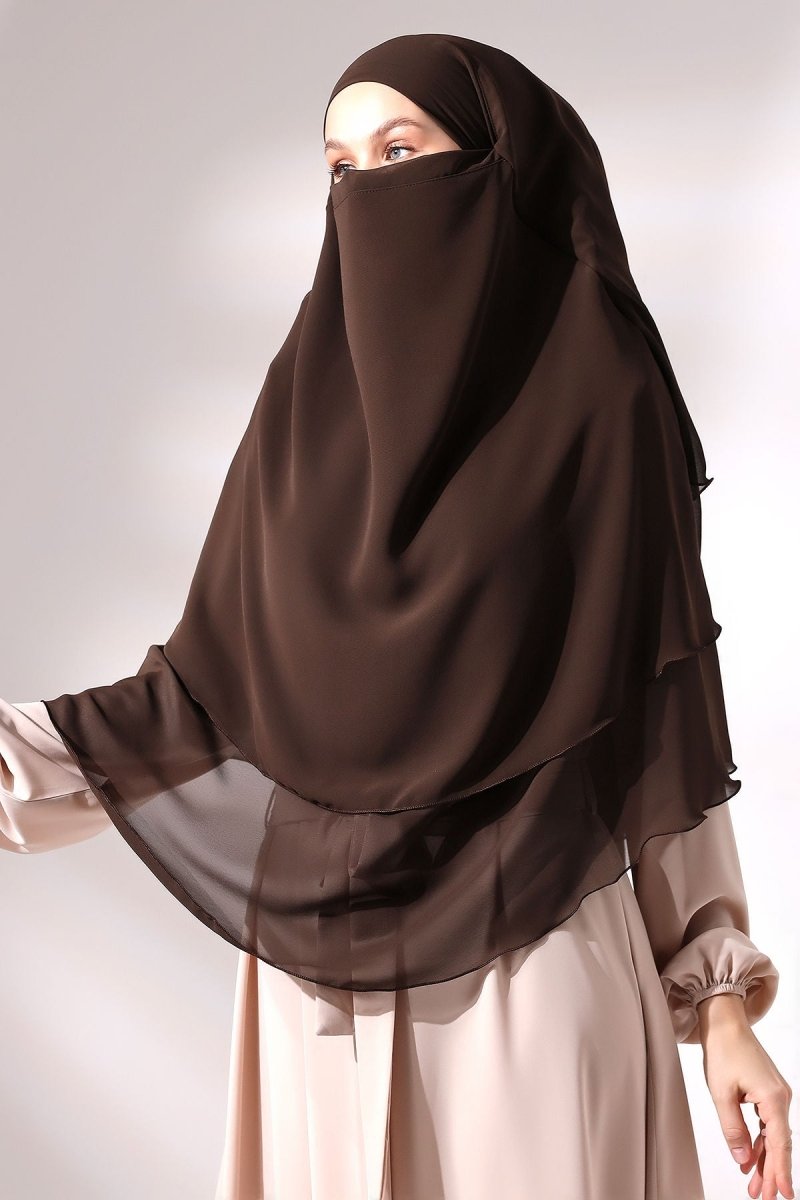Three - Layered Niqab - Style Chiffon Hijab – Short Modest Scarf with Sufle Detail - ihvan