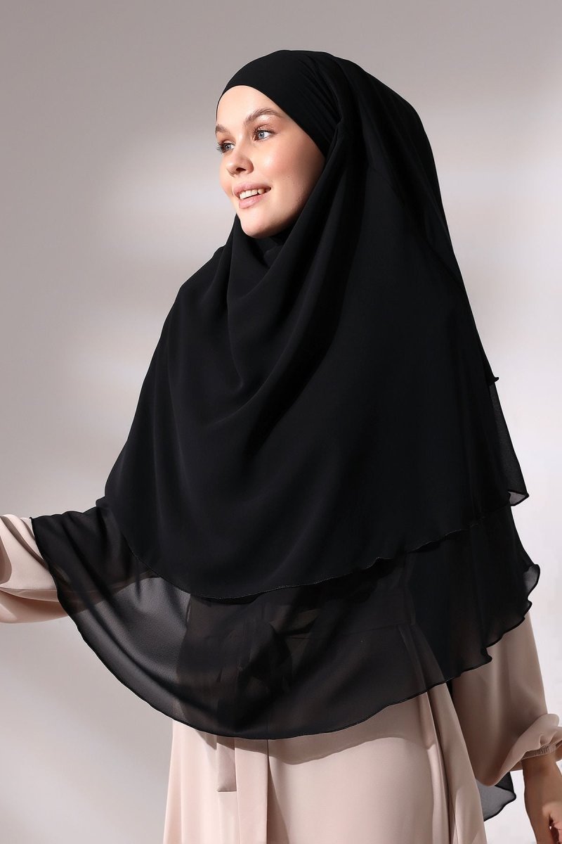 Three - Layered Niqab - Style Chiffon Hijab – Short Modest Scarf with Sufle Detail - ihvan