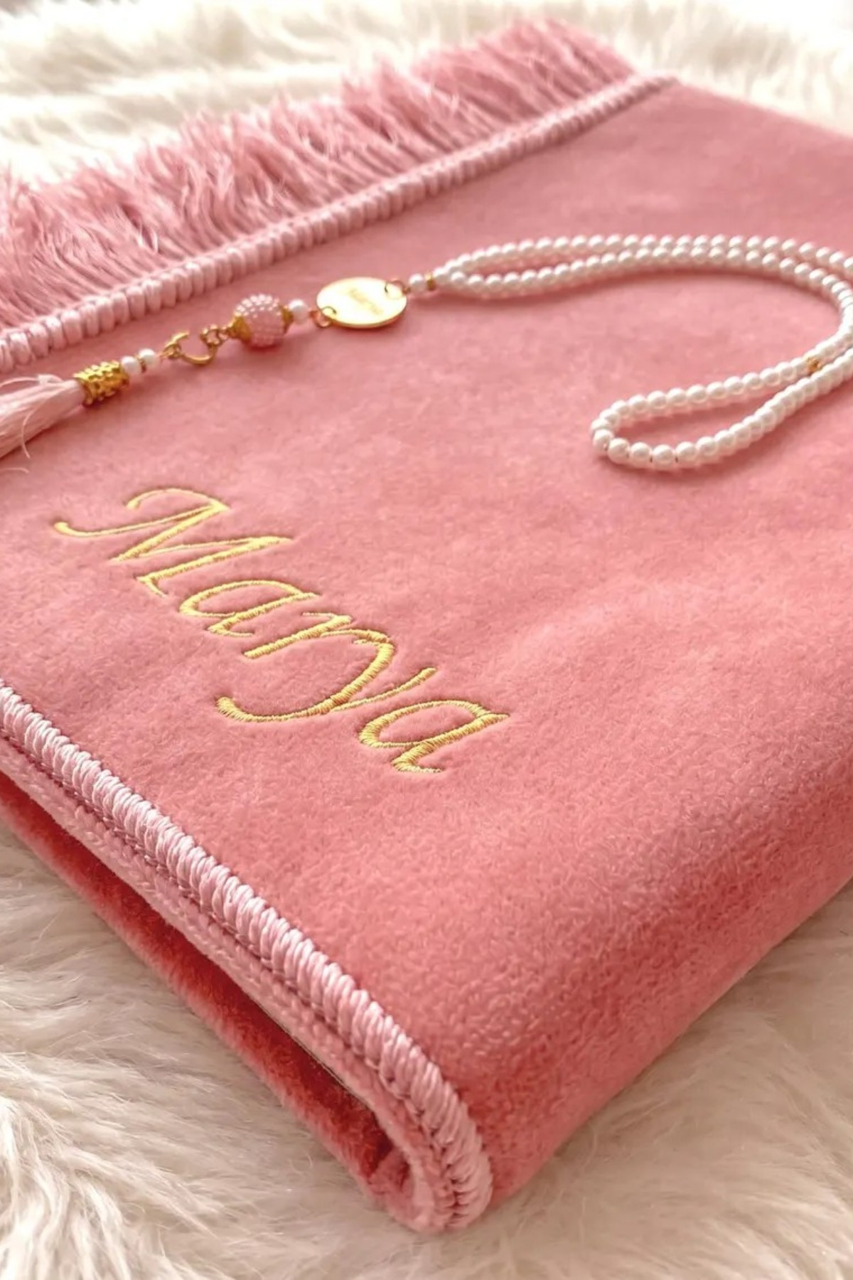 Personalized Velvet Prayer Mat and Custom Tasbeeh Green