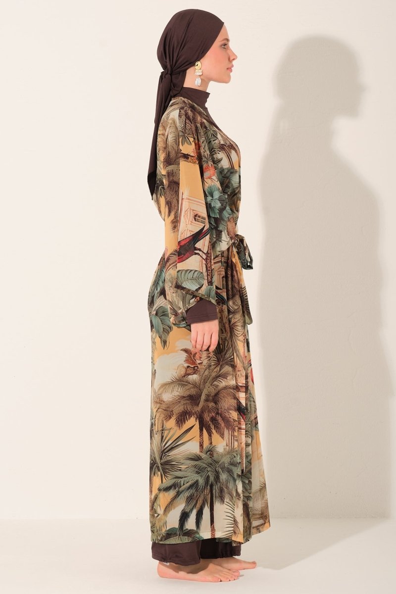 Tropical Patterned Belted Long Pareo 7168 - 26 Brown - ihvan