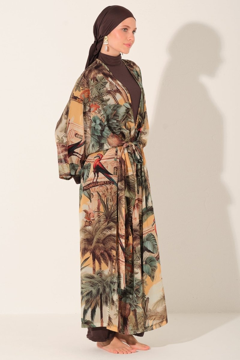 Tropical Patterned Belted Long Pareo 7168 - 26 Brown - ihvan