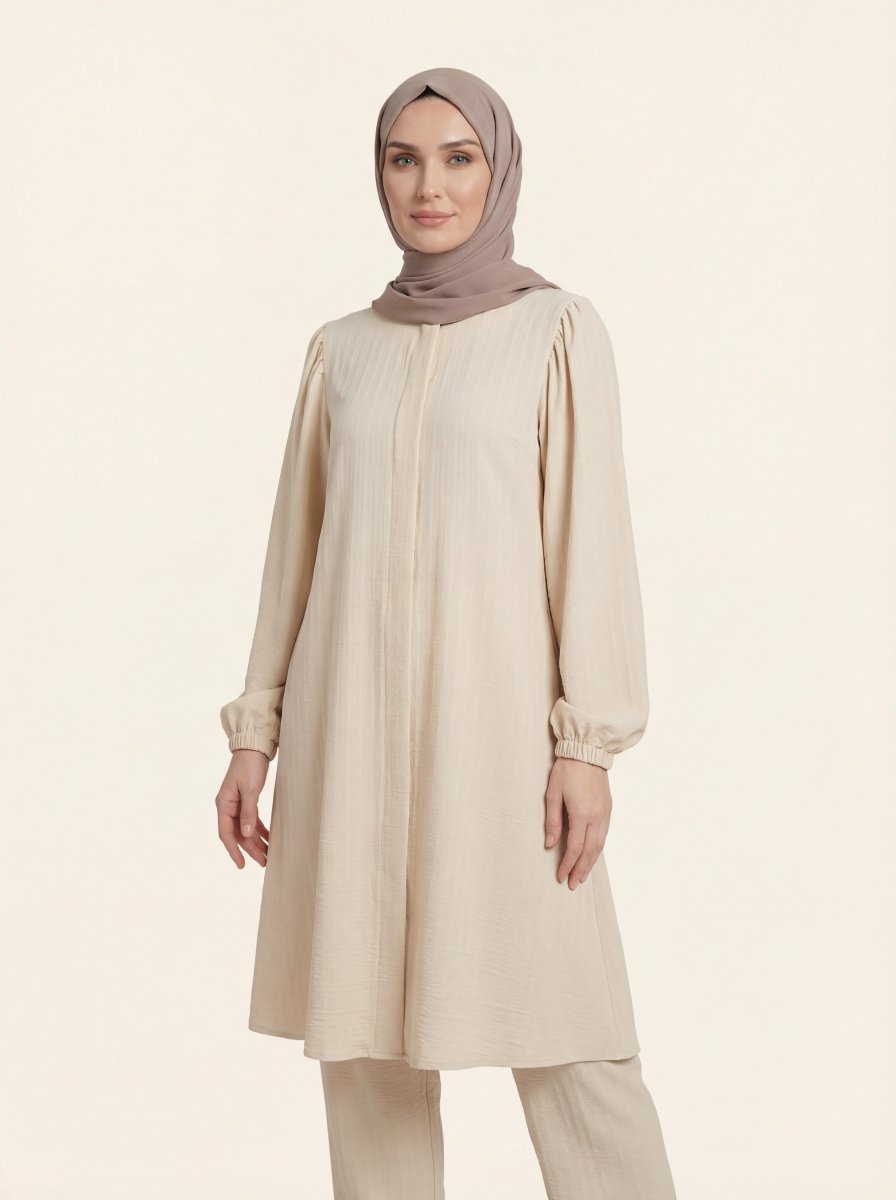 Umrah Set: Long Tunic with Slit, Trousers, Mandarin Collar, Elastic Cuffs 9672 - 26 - Beige - ihvan