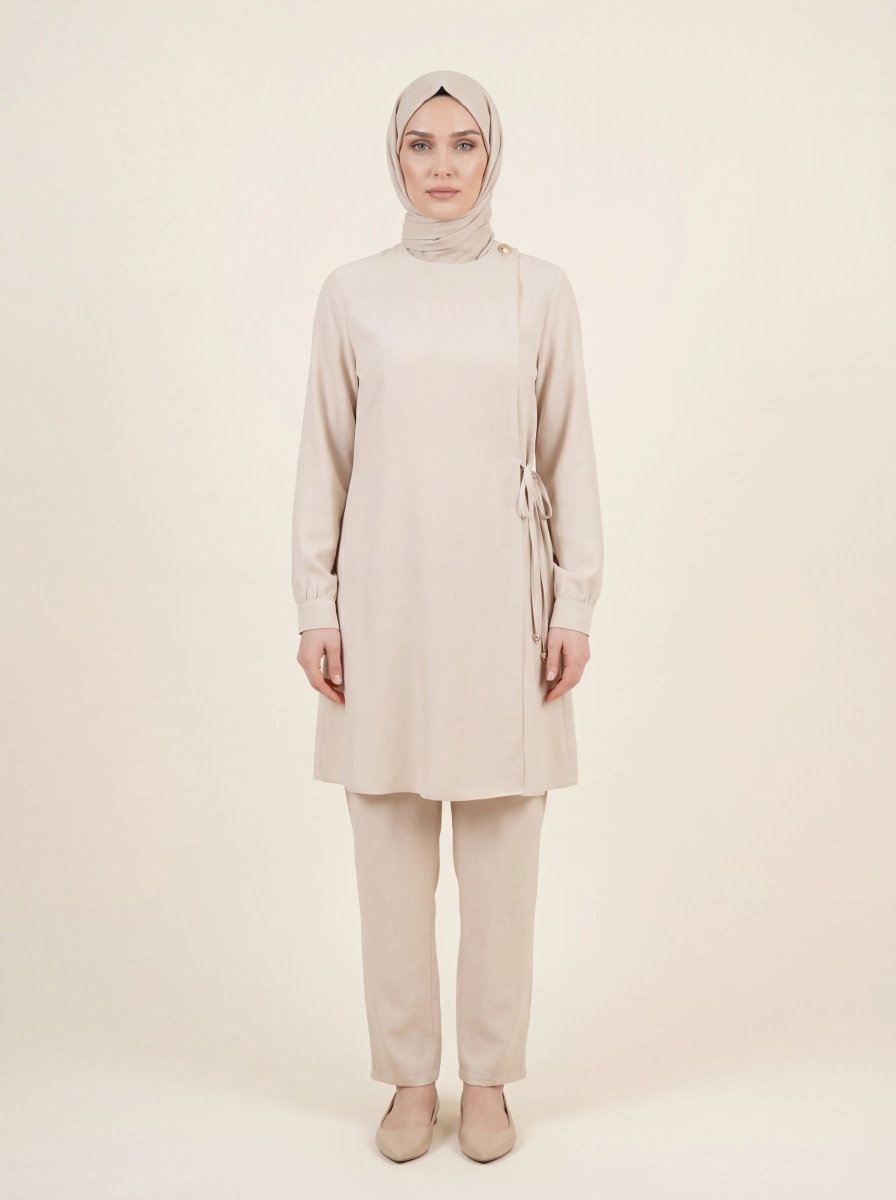 Umrah Set Side Tie Tunic and Pants, Crew Neck, Long Sleeves, Beige 9676 - 26 - ihvan