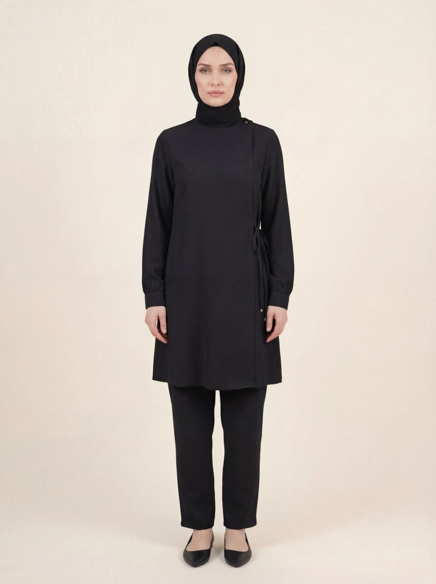 Umrah Set Side Tie Tunic and Pants, Crew Neck, Long Sleeves, Black 9676 - 26 - ihvan