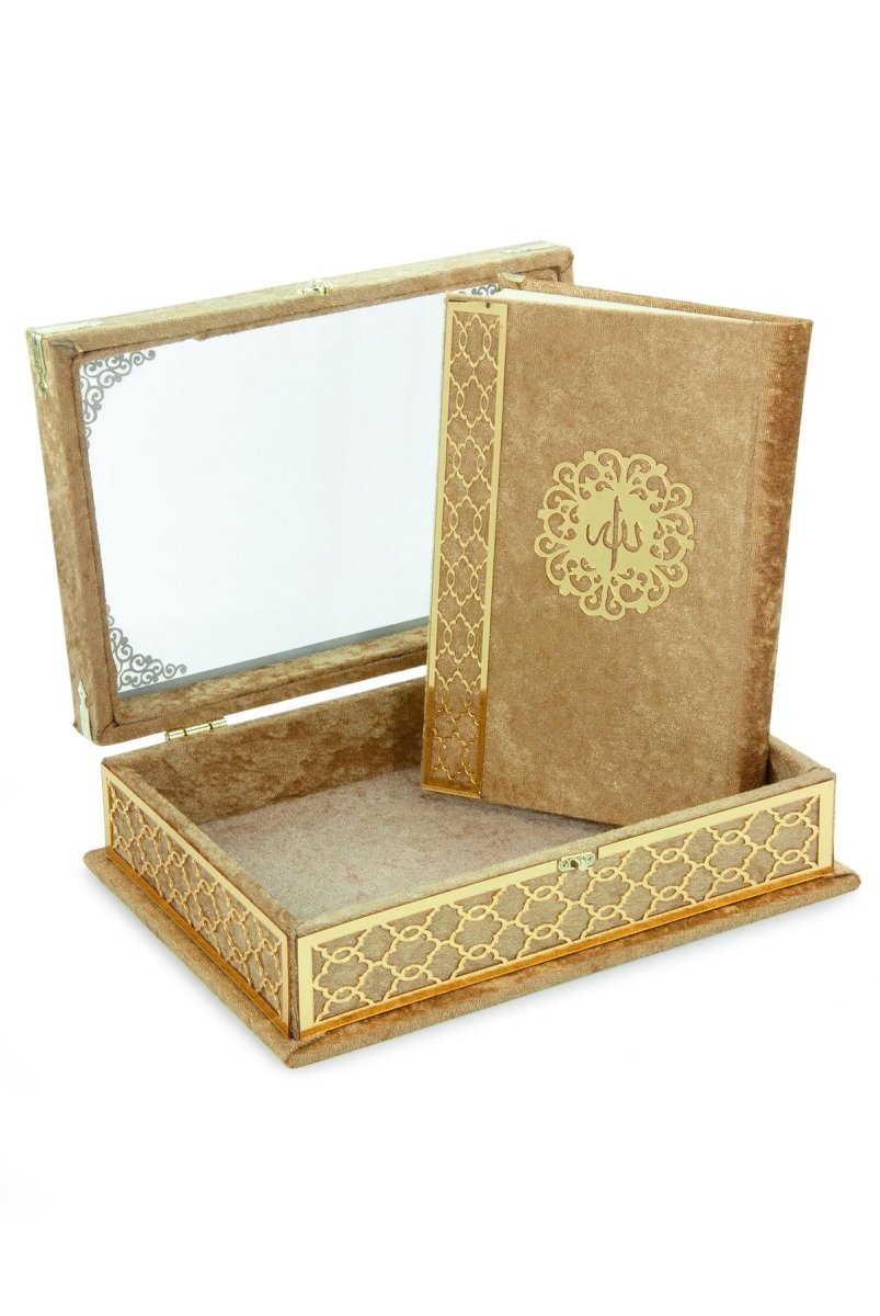 Velvet Covered Holy Quran Gift Set | Gold Embellished Glass-Top Rehal Box | Decorative Islamic Display for Ramadan & Eid - ihvan