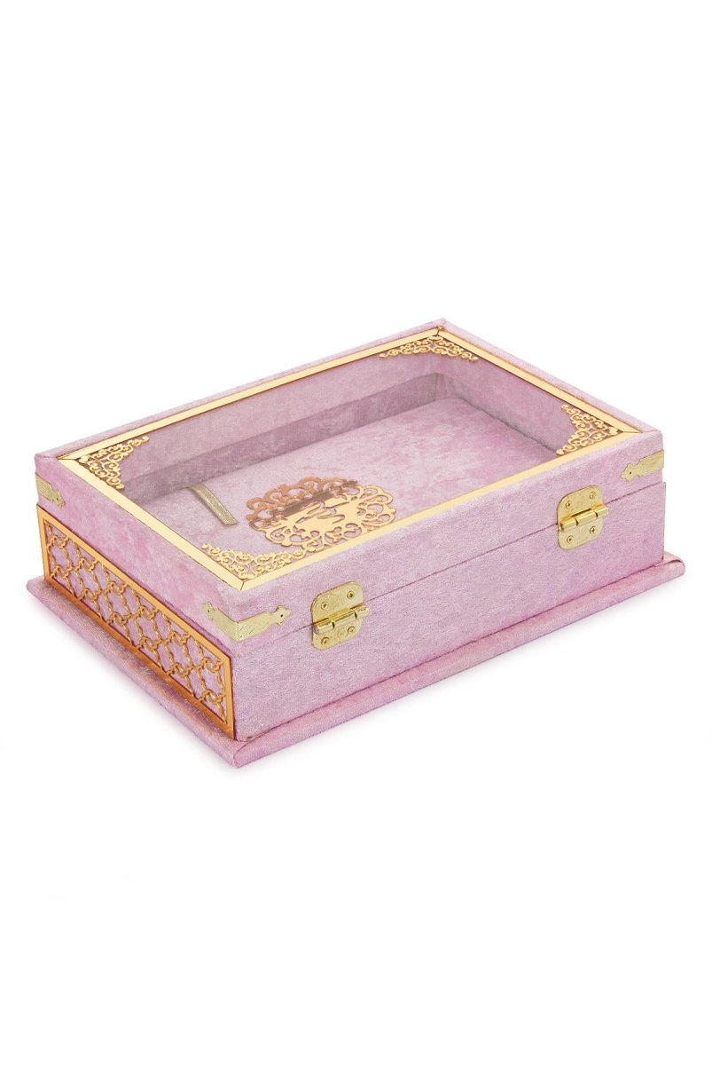 Velvet Covered Holy Quran Gift Set | Gold Embellished Glass-Top Rehal Box | Decorative Islamic Display for Ramadan & Eid - ihvan