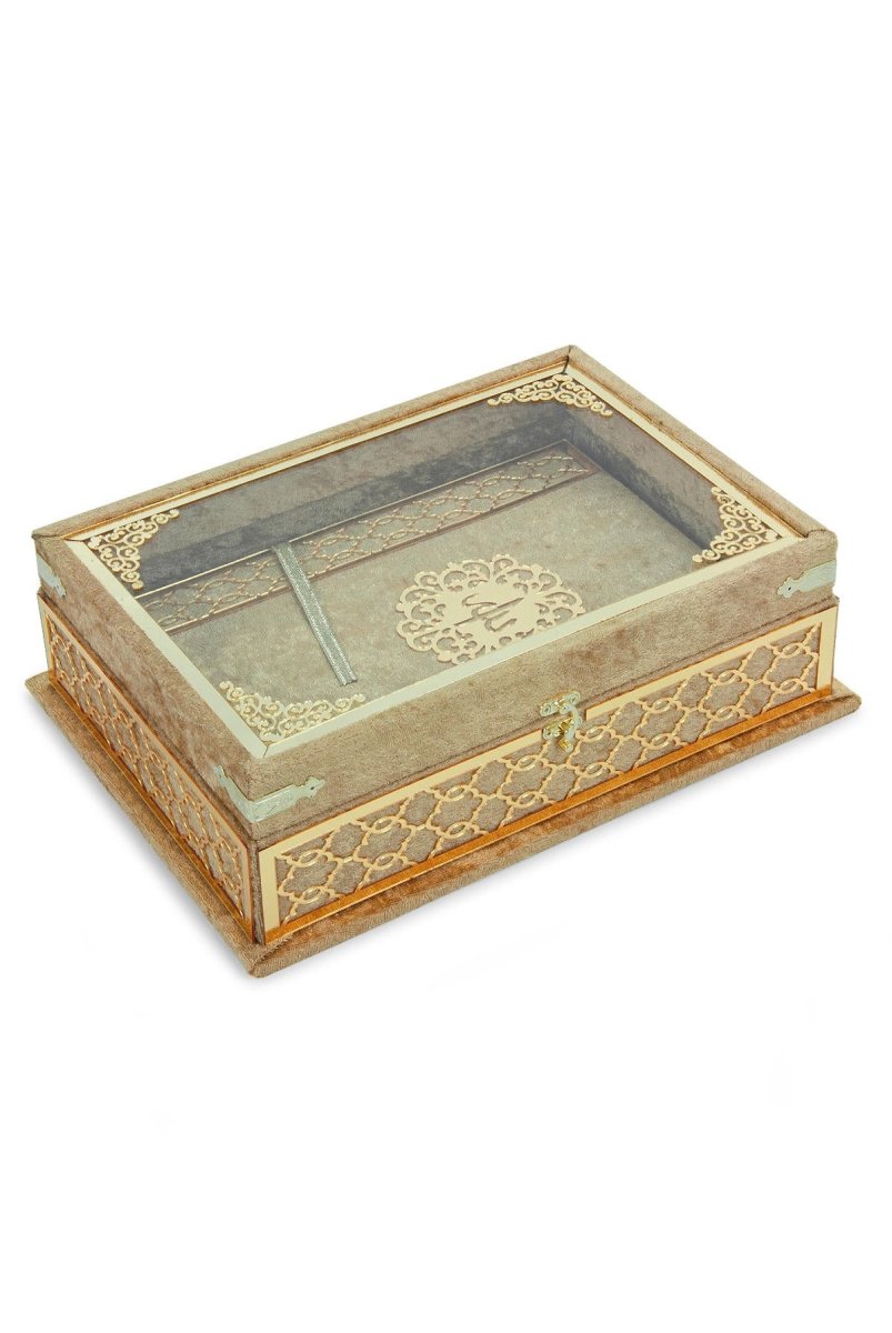 Velvet Covered Holy Quran Gift Set | Gold Embellished Glass-Top Rehal Box | Decorative Islamic Display for Ramadan & Eid - ihvan