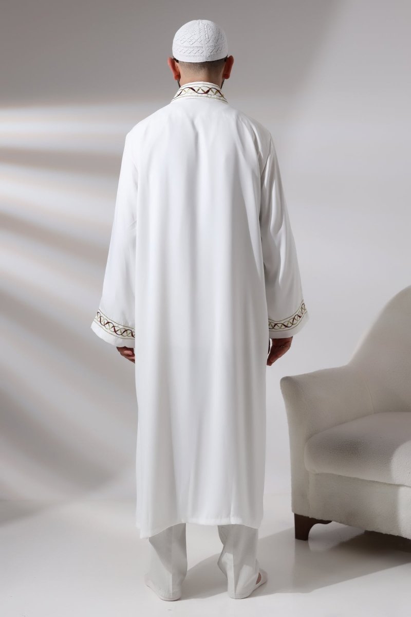White Mandarin Collar Embroidered Men's Prayer Robe/Imam Robe - ihvan