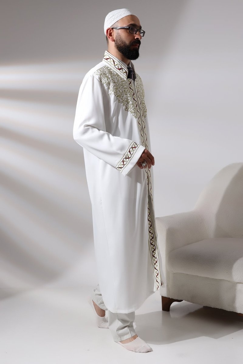 White Mandarin Collar Embroidered Men's Prayer Robe/Imam Robe - ihvan