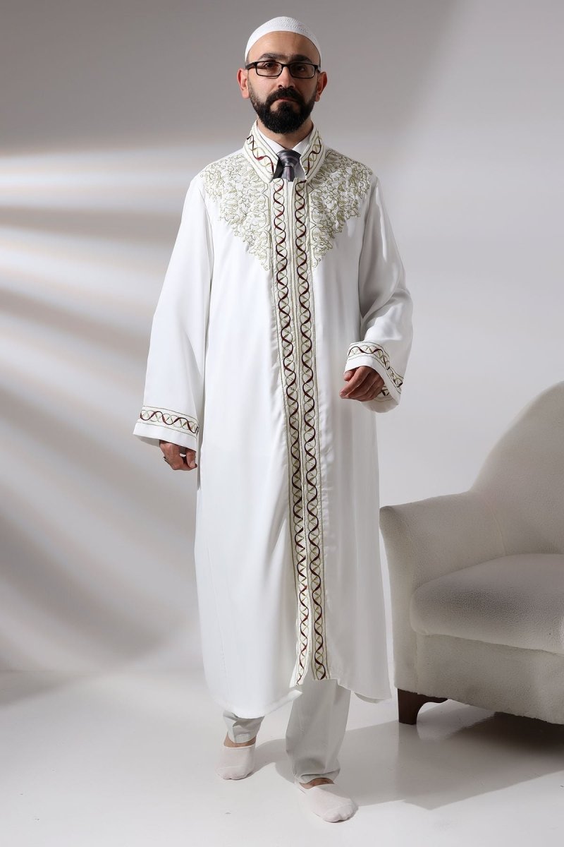 White Mandarin Collar Embroidered Men's Prayer Robe/Imam Robe - ihvan