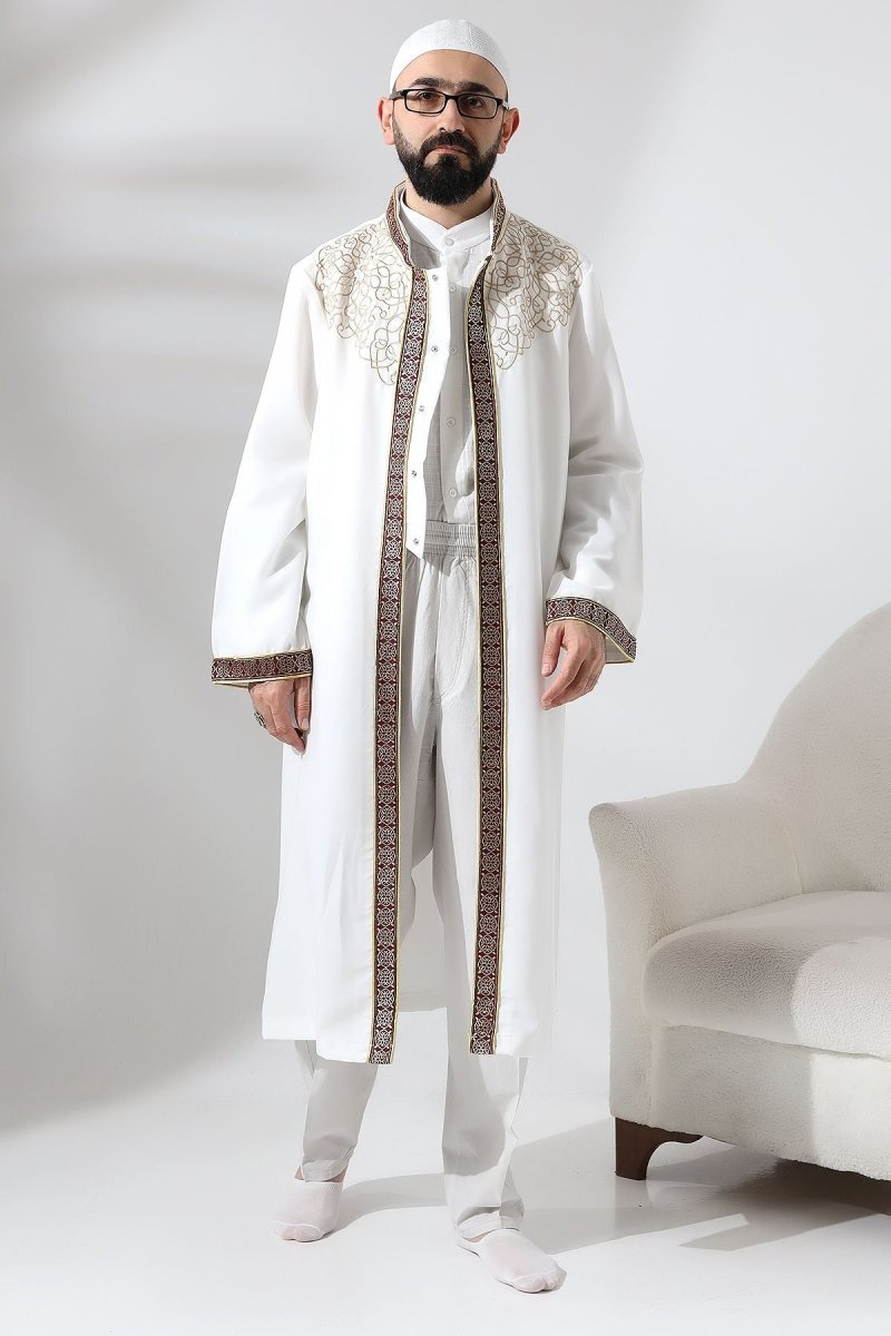 White Mandarin Collar Men's Prayer Robe with Burgundy Stripe Embroidery - ihvan