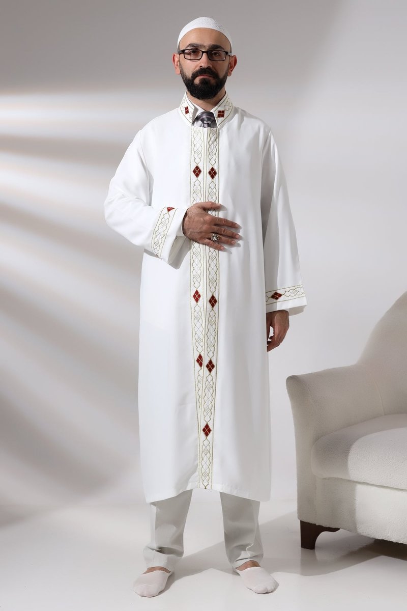 White Men's Prayer Robe with Embroidered Pattern and Mandarin Collar - ihvan