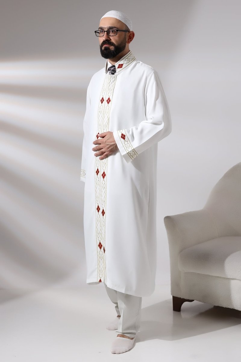 White Men's Prayer Robe with Embroidered Pattern and Mandarin Collar - ihvan