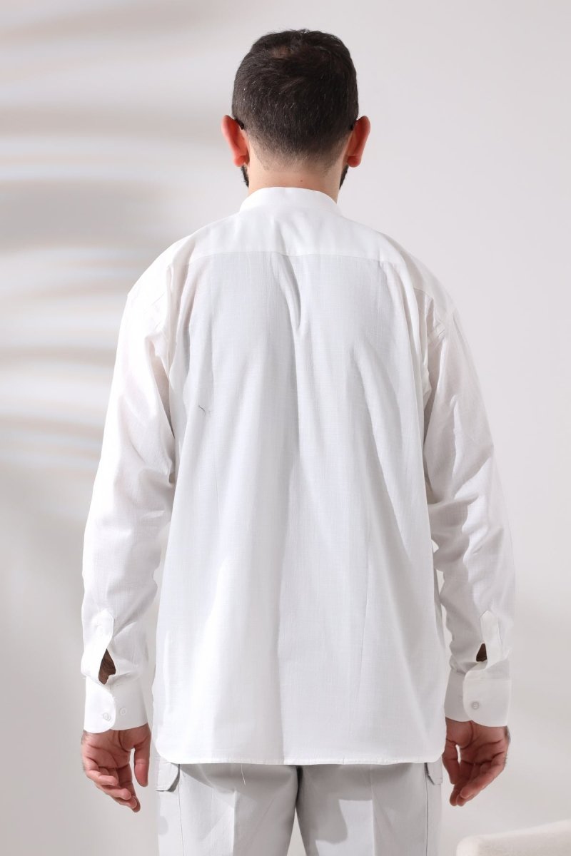 White Men's Relaxed Fit 3-Button Mandarin Collar Hajj and Umrah Linen Shirt - ihvan