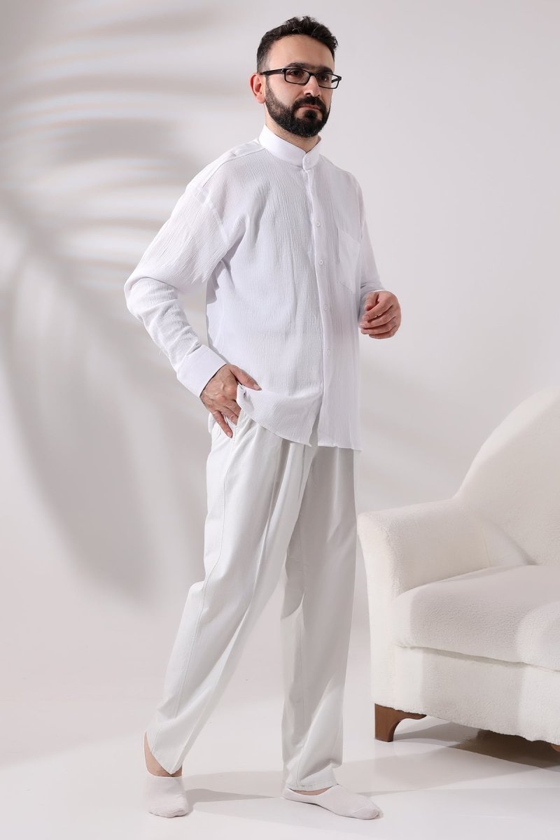 White Men's Relaxed Fit Mandarin Collar Shile Fabric Hajj and Umrah Shirt - ihvan