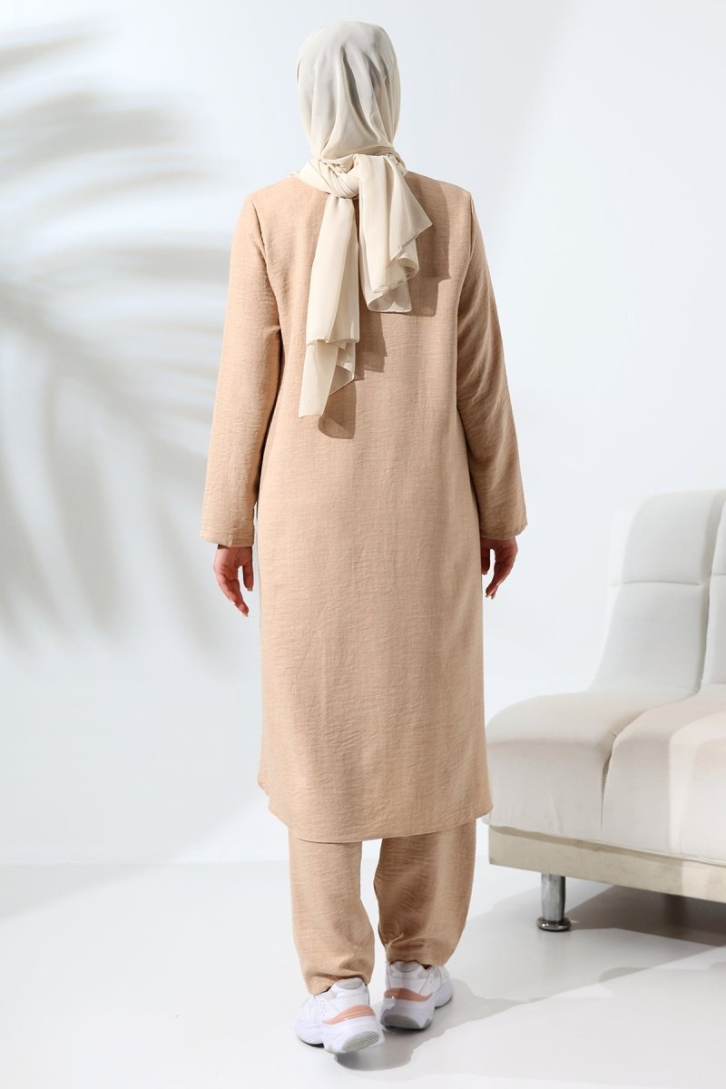 Women's Beige Melange Linen-Look Two-Piece Set with Hidden Zipper for Hajj and Umrah (Pilgrimage) - ihvan