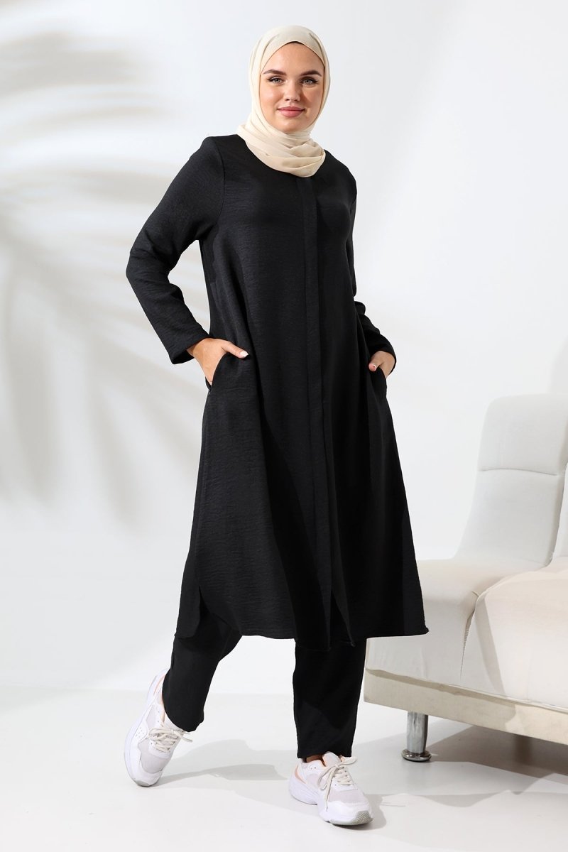Women's Black Melange Linen-Look Two-Piece Set with Hidden Zipper, Hajj and Umrah Modest Clothing. - ihvan