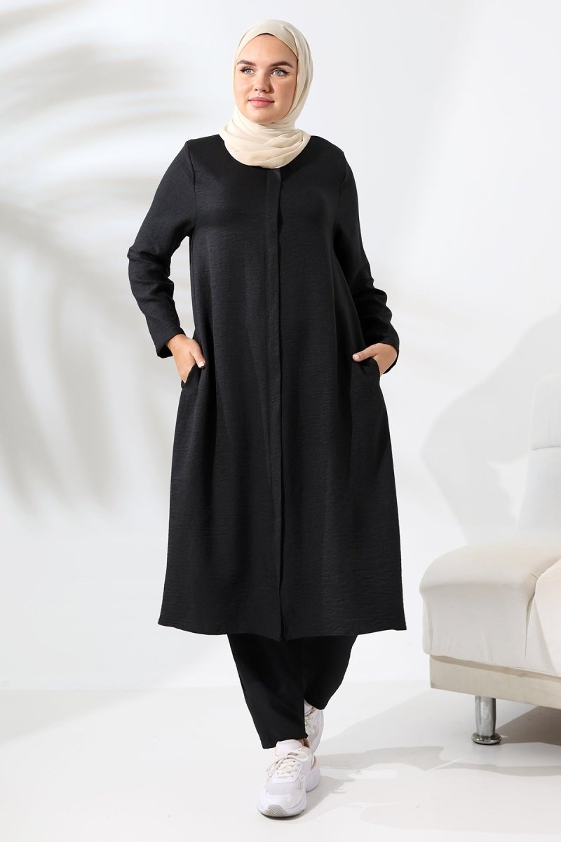 Women's Black Melange Linen-Look Two-Piece Set with Hidden Zipper, Hajj and Umrah Modest Clothing. - ihvan