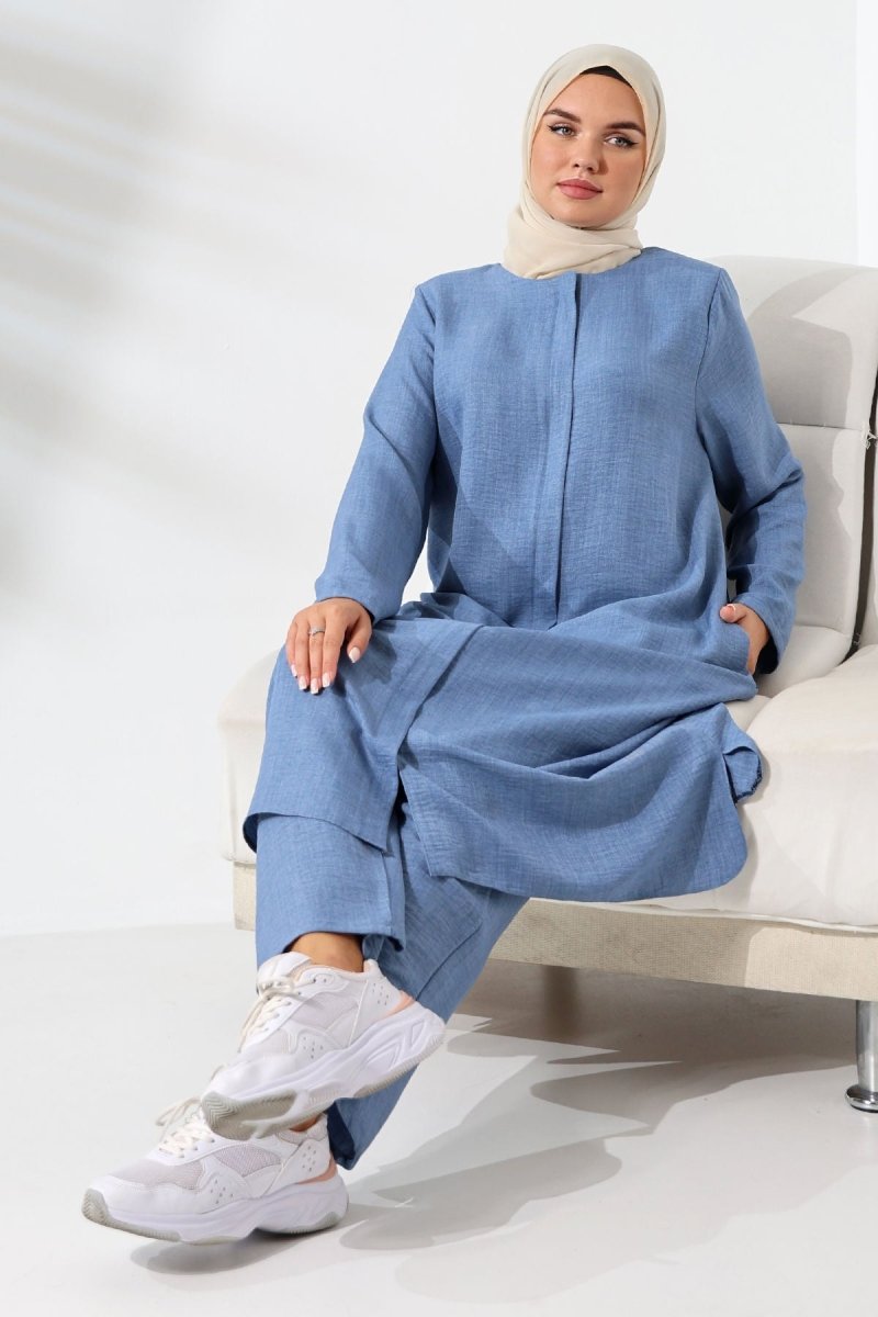 Women's Blue Melange Linen-Look Two-Piece Set with Hidden Zipper, Hajj and Umrah Modest Clothing. - ihvan