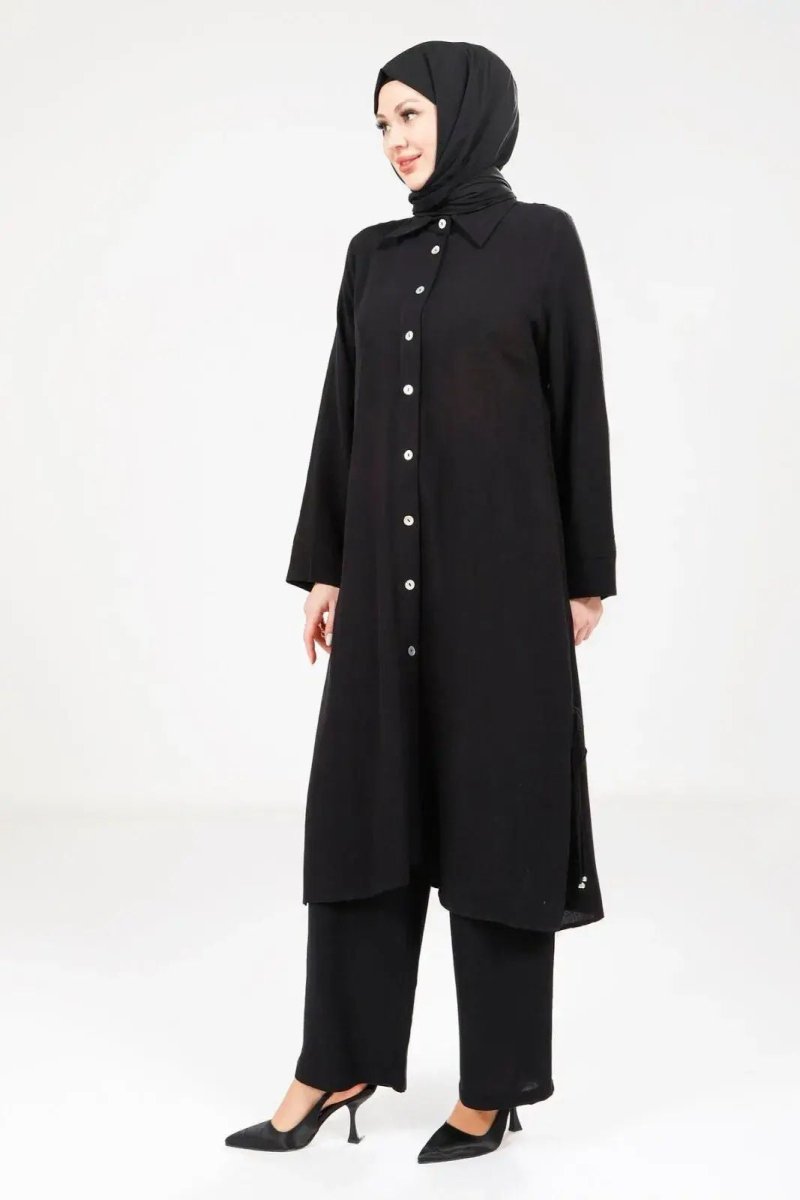 Women's Buttoned Two - Piece Hajj and Umrah Outfit, Black, 9281 - 25 - ihvan