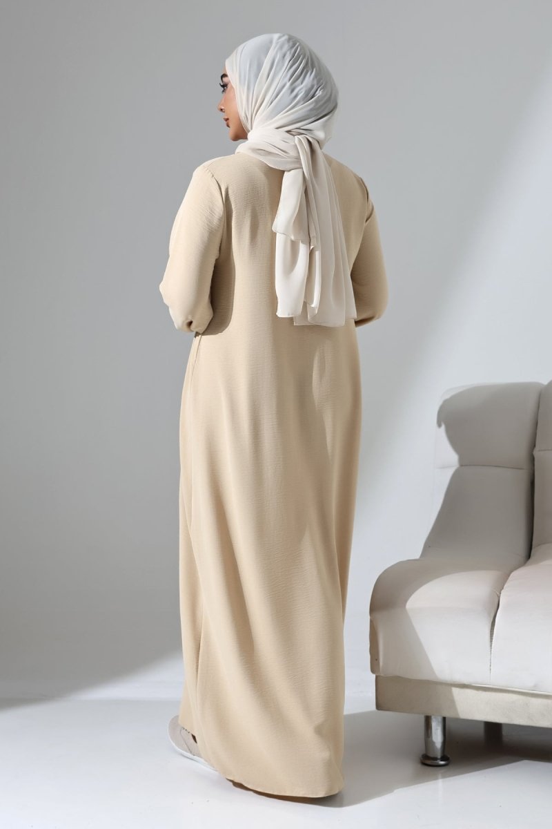 Women's Cream Aerobin Hidden Zipper Hajj and Umrah Outfit, Modest Abaya - ihvan