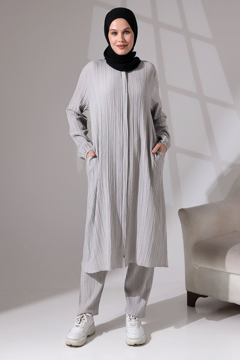 Women's Crepe Fabric Two-Piece Set with Hidden Zipper, Hajj/Umrah Outfit, Grey - ihvan