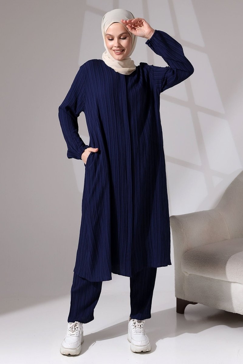 Women's Crepe Fabric Two-Piece Set with Hidden Zipper, Hajj/Umrah Outfit, Navy Blue - ihvan