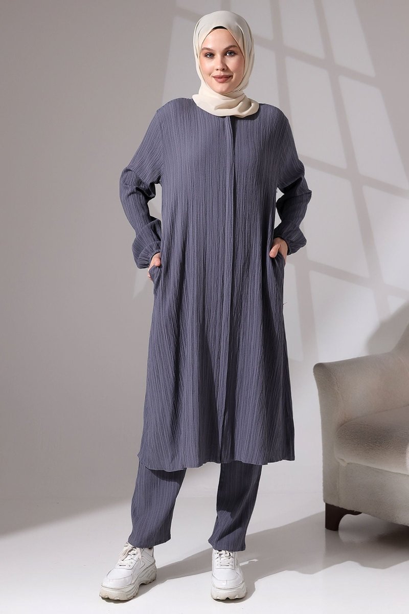 Women's Crepe Fabric Two-Piece Set with Hidden Zipper, Hajj/Umrah Outfit, Smoke Grey - ihvan