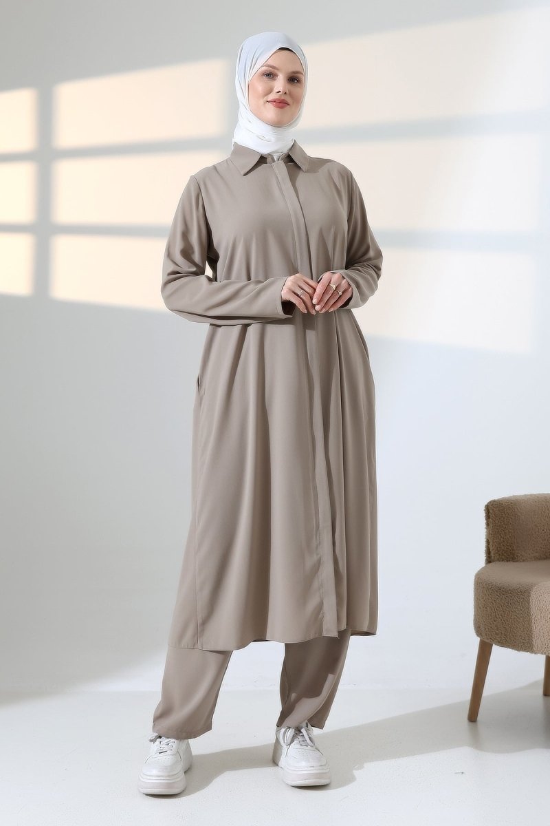 Women's Hajj and Umrah Attire, Hijab Two-Piece Set with Vest Detail - Mink - ihvan