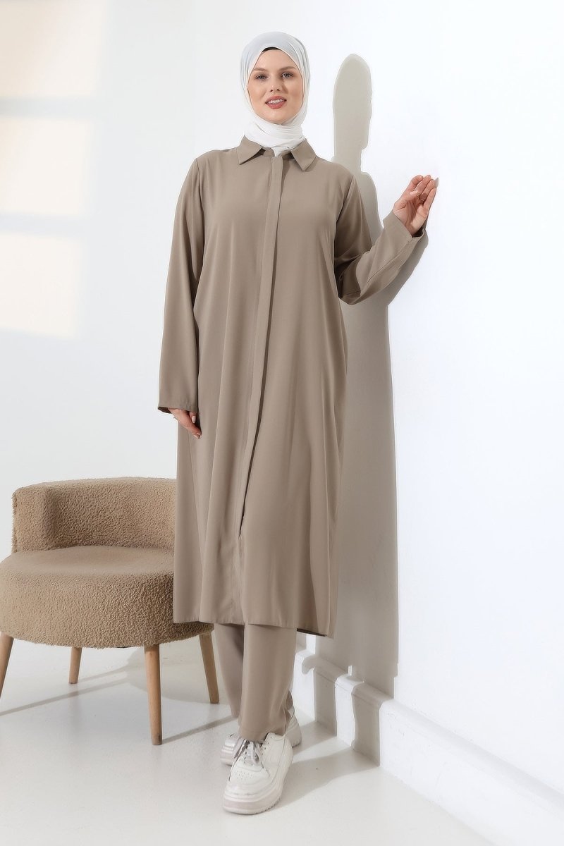 Women's Hajj and Umrah Attire, Hijab Two-Piece Set with Vest Detail - Mink - ihvan