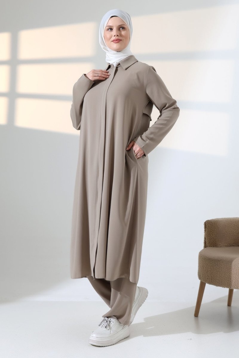 Women's Hajj and Umrah Attire, Hijab Two-Piece Set with Vest Detail - Mink - ihvan